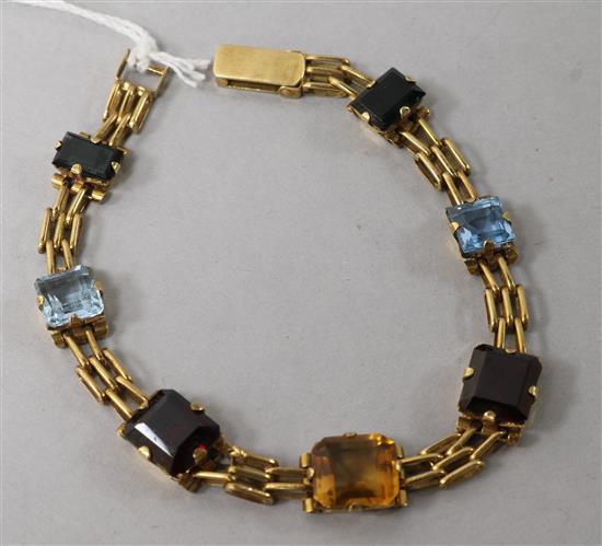 A Brazilian gold and gem set bracelet, 6.75in.